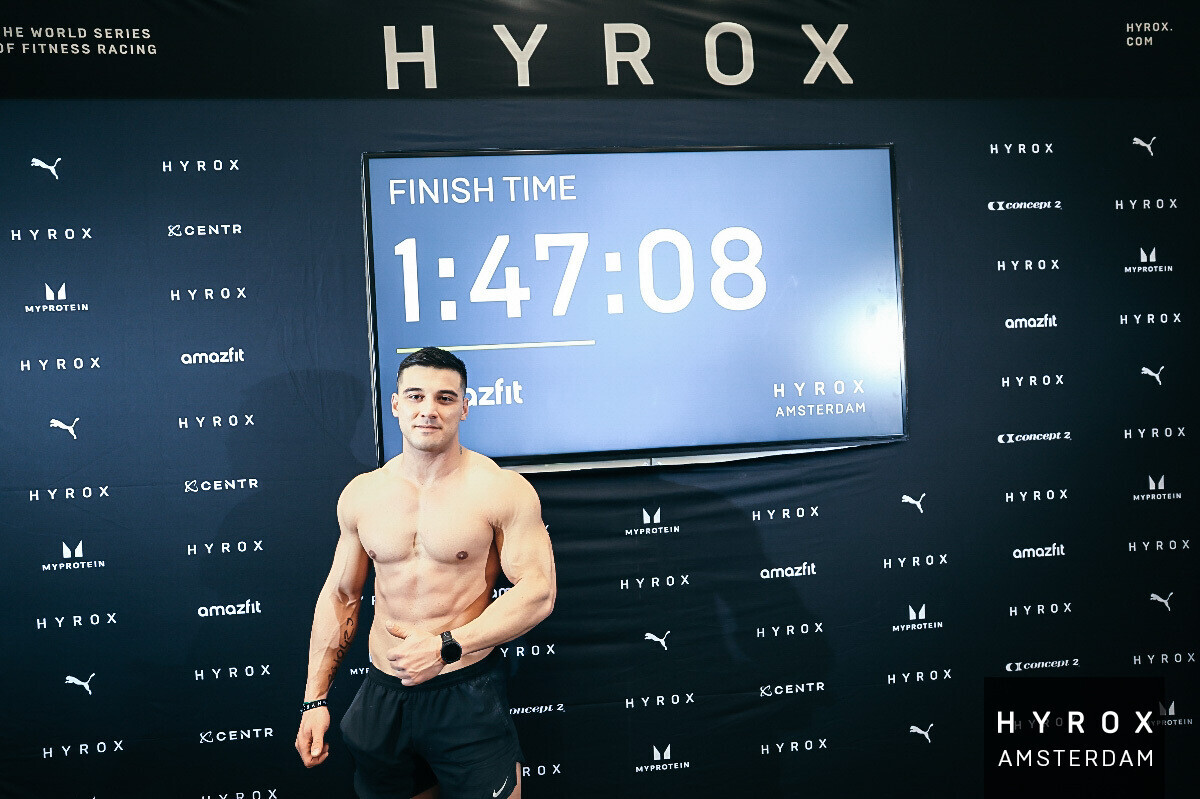 HYROX Amsterdam finish time board, 1:47:08