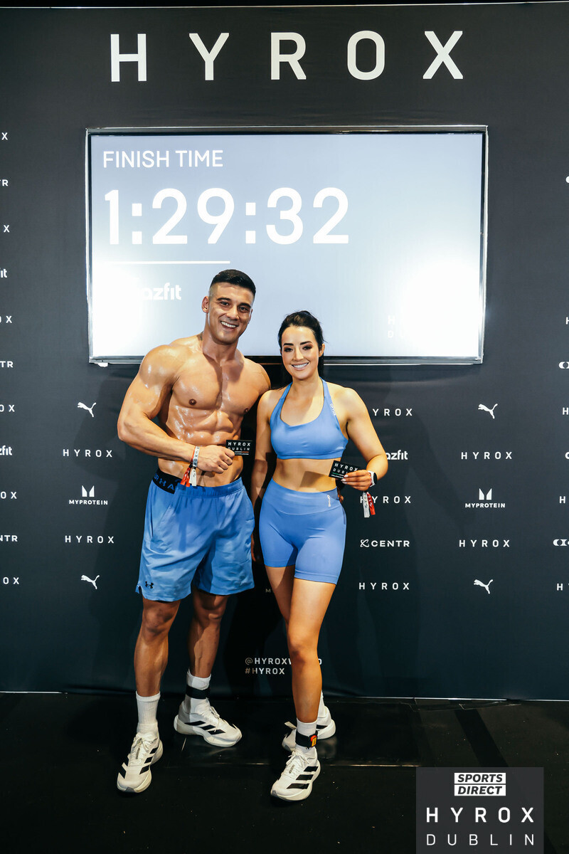 Coach M.M.X at the HYROX Dublin finish board, 1:29:32